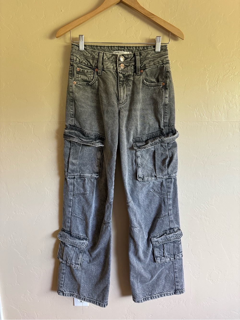 Garage Cargo Denim Jeans Grey Baggy Wide Leg Mid Rise Size 0 / 24 100% Cotton - Picture 8 of 8